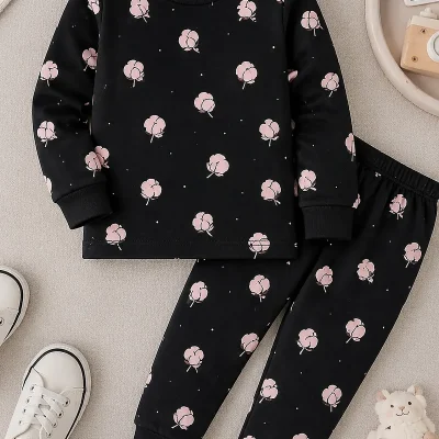 Black long sleeve pyjama set with blush pink blossom print alternate hover view
