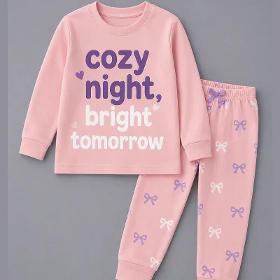 Pink Cozy Night bow print long sleeve pyjama set for girls