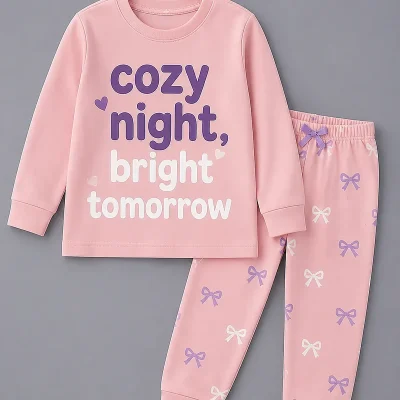 Pink Cozy Night bow print long sleeve pyjama set for girls alternate hover view