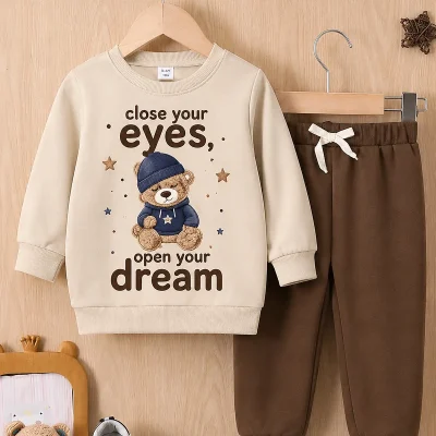 Cream and brown Dream Big teddy bear long sleeve pyjama set for kids