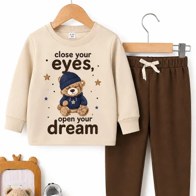 Cream and brown Dream Big teddy bear long sleeve pyjama set for kids alternate view