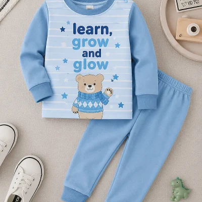 Blue Learn Grow and Glow bear long sleeve pyjama set for kids