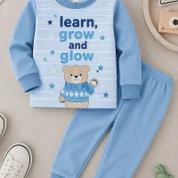 Blue Learn Grow and Glow bear long sleeve pyjama set for kids alternate hover view