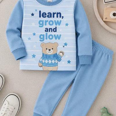 Blue Learn Grow and Glow bear long sleeve pyjama set for kids alternate hover view