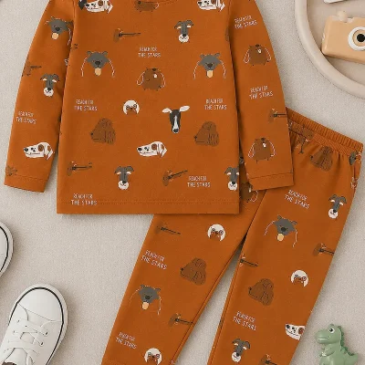 Brown dog print Reach for the Stars long sleeve pyjama set for kids alternate hover view