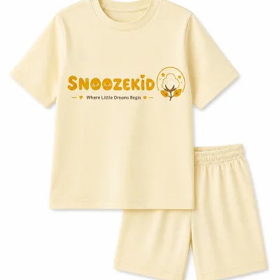 Cream Snoozekid signature short sleeve top and shorts set