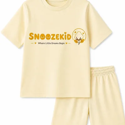 Cream Snoozekid signature short sleeve top and shorts set alternate hover view