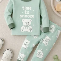 Mint green Time to Snooze teddy bear pyjama set for kids alternate hover view