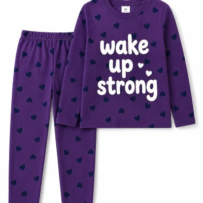 Purple heart print Wake Up Strong long sleeve pyjama set for kids
