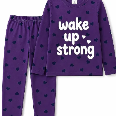Purple heart print Wake Up Strong long sleeve pyjama set for kids alternate hover view