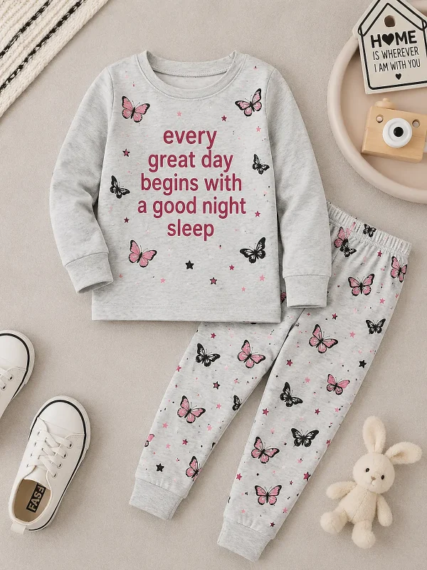 Grey butterfly long sleeve pyjama set for kids