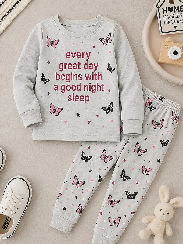 Grey butterfly long sleeve pyjama set for kids alternate hover view