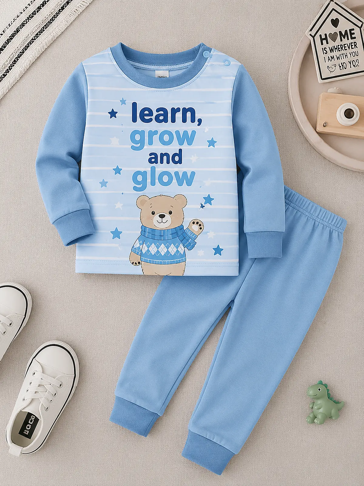 Blue Learn Grow and Glow bear long sleeve pyjama set for kids