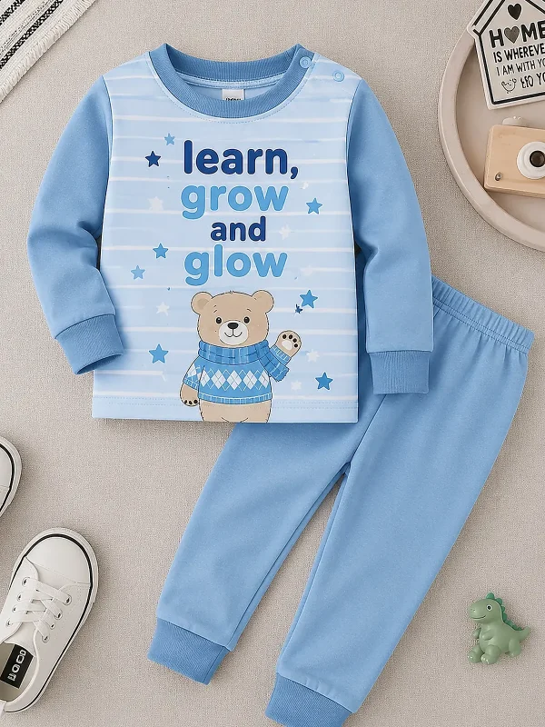 Blue Learn Grow and Glow bear long sleeve pyjama set for kids alternate hover view